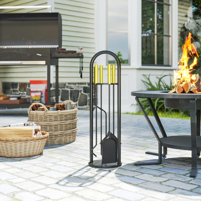 Outsunny Set Utensili per Camino di 5 Pezzi in Metallo con Scopa Paletta Pinze Attizzatoio e Supporto 20x20x71 cm Dorato