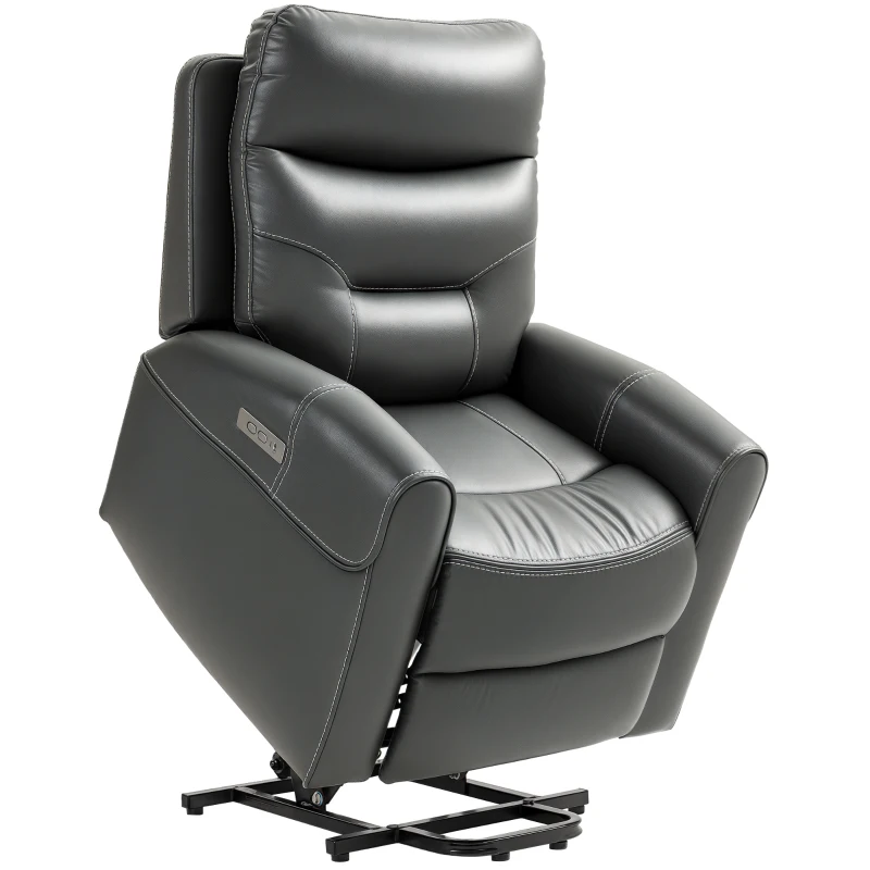 HOMCOM Power Lift Recliner Chair for Elderly, Overstuffed Faux Leather Riser and Reclining Chair with USB A+C Ports, Recliner Armchair for Living Room, Charcoal Grey