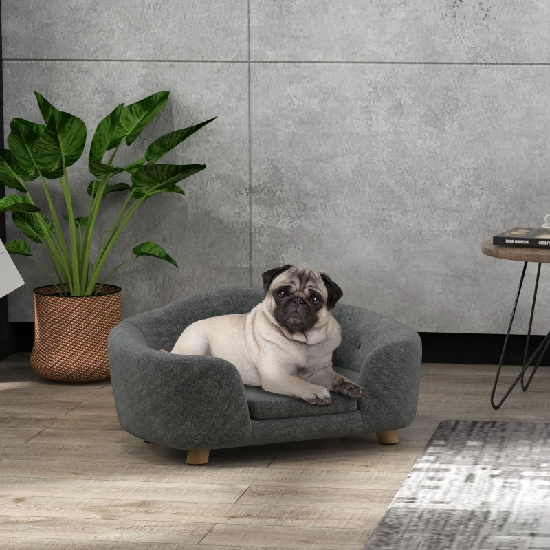 PawHut hondenbank hondenmat hondenmand hondenbank hondenbank kattenbank met kussen achterzak pluche schuim grenen hout donkergrijs 70 x 47 x 30 cm