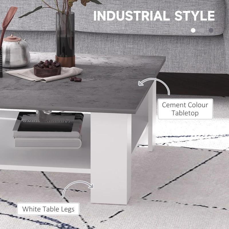 HOMCOM Square Coffee Table, 2 Tier Centre Table with Storage Shelf, Vintage Living Room Table, Cement Colour