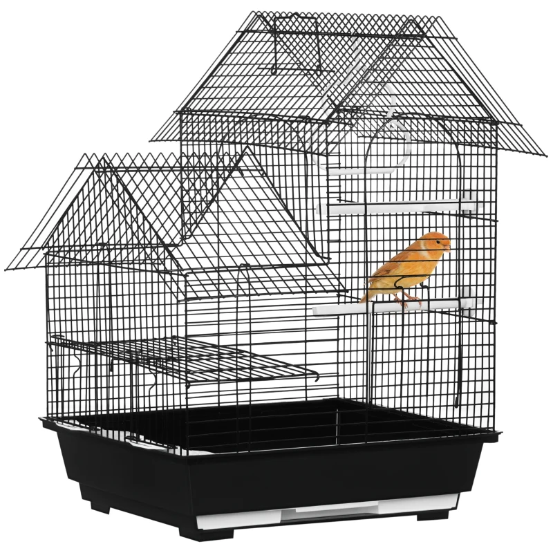 PawHut Gaiola para Pássaros 39x33x47cm com 3 Portas 2 Comedouros 2 Poleiros Baloiço Bandeja Amovível e Alça de Transporte Preto