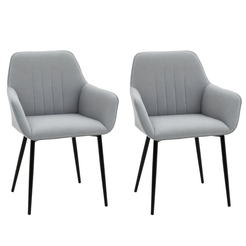 HOMCOM Chaises de Salle à Manger Chaises de Visiteur Design scandinave - Lot de 2 chaises - Pieds effilés métal Noir - Assise Dossier accoudoirs ergonomiques Lin Gris
