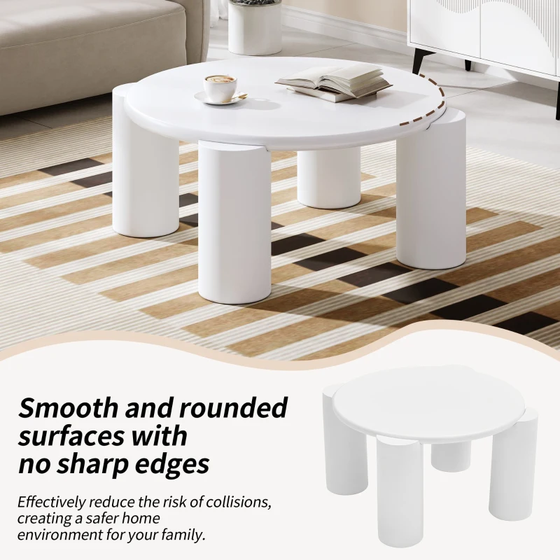 Modern Centre Table with Sturdy Support and Easy Assembly, Round Coffee Table, Smooth Rounded Edges, 70L x 70W x 39.5H cm, White
