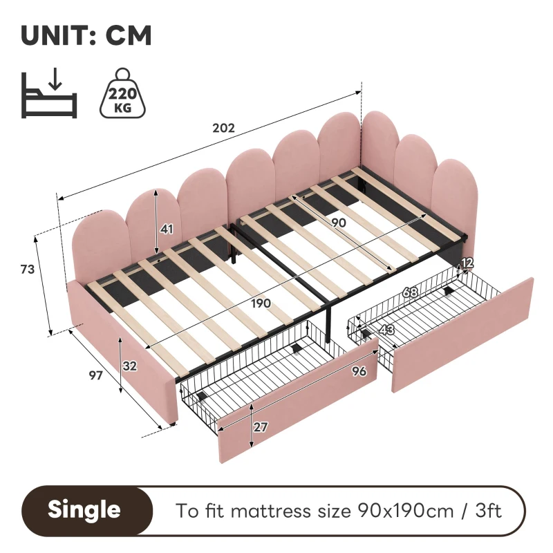 Single Velvet Daybed with Two Storage Drawers, Modern Youth Bed Frame with Wooden Slats, Easy Assembly, 202L x 97W x 73H cm, Pink