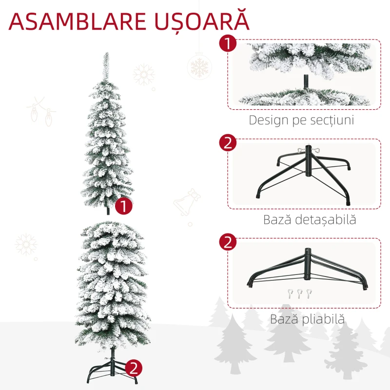 HOMCOM Pom de Crăciun Înzăpezit în 2 Secțiuni cu 395 de Ramuri din Metal și Plastic, 46x46x180cm, Verde