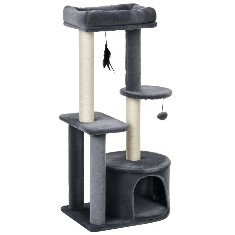 PawHut Albero Tiragraffi per Gatti Adulti su più Livelli, Castello per Gatti con Cuccia, Posatoio e 2 Ripiani, Bianco e Grigio, 48x35x100cm