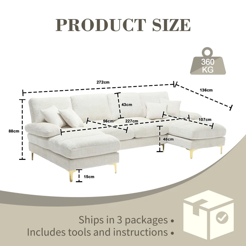 U-Shaped Modular Sofa with Pillows, Rubber Pads, Double Chaise, Chenille Fabric Sectional Couch for Living Room, 272L x 136W x 88H cm, Beige