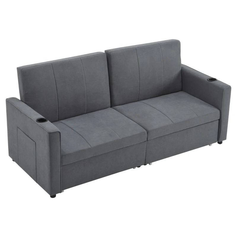 Convertible Fabric Sofa Chair with Cup Holders and Side Pockets, King Size Independent Pull Out Sofa Bed, 207L x 87W x 96H cm, Gray
