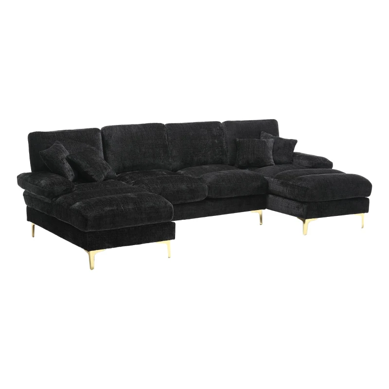 U-Shaped Modular Sofa with Pillows, Double Chaise, Rubber Pads, Chenille Fabric Sectional Couch for Living Room, 272L x 136W x 88H cm, Black