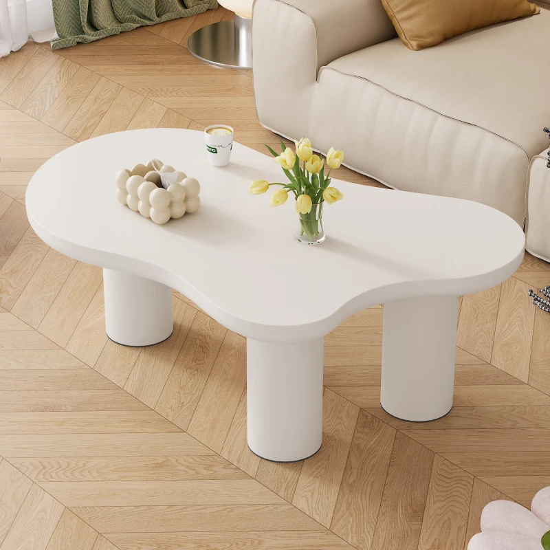 Cloud-Shaped Coffee Table with Cloud-Shaped Design, Modern Living Room Table with MDF Top and PVC Legs, 107L x 66W x 40.5H cm, White
