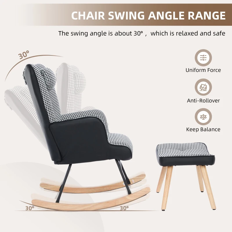 Fabric Rocking Chair with Solid Wood Legs, High Back Recliner with Footstool and Neck Pillow, 85L x 65W x 96H cm, White+Black