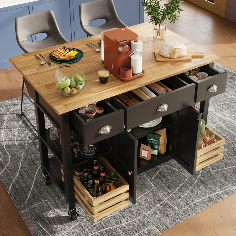 Rolling Kitchen Island Trolley with Adjustable Shelf, Spice Rack and 3 Drawers, Smooth-Rolling Casters for mobility, 120L x 45W x 90H cm, Black