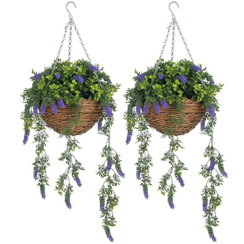 HOMCOM Set of 2 Decorative Artificial Plants, Faux Silk Lavender Flowers in Hanging Baskets, Fake Plants for Home Indoor Outdoor Decor, Purple