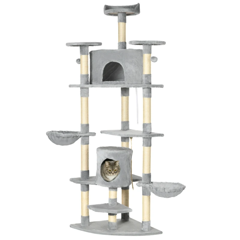PawHut Árbol Rascador para Gatos 200 cm Torre para Gatos con 2 Cuevas 2 Hamacas Cama Postes de Sisal 60x60x200 cm Gris
