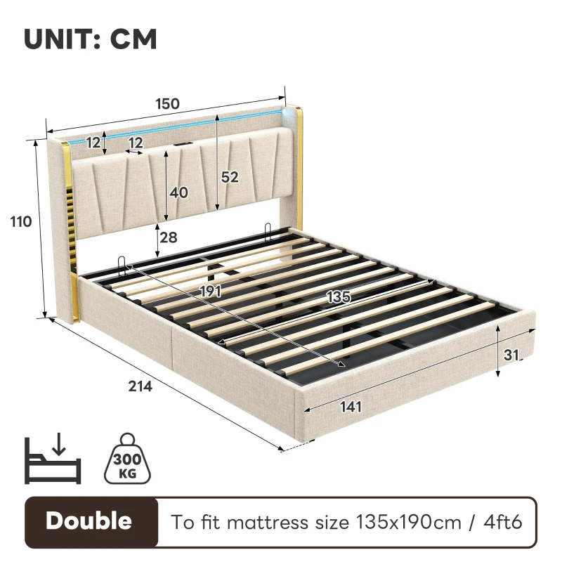 Double Upholstered Bed Frame with Hydraulic Storage, LED Headboard with USB and Type-C Charging Ports, 214L x 150W x 110H cm, Beige