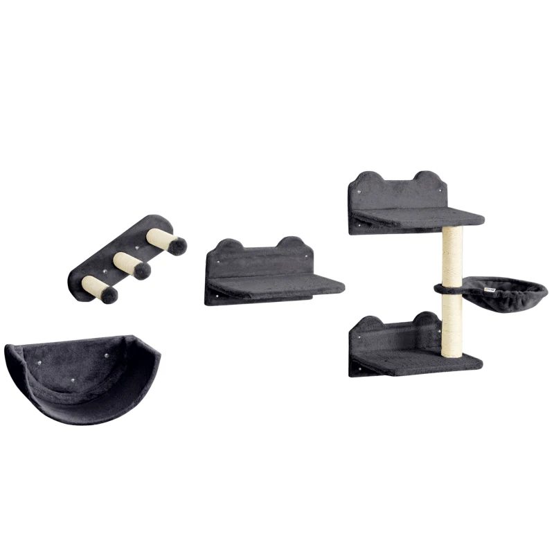 PawHut Prateleiras de Parede para Gatos 4 Peças com Rede Plataforma Semicircular Plataformas de Salto e Poste de Sisal Cinza