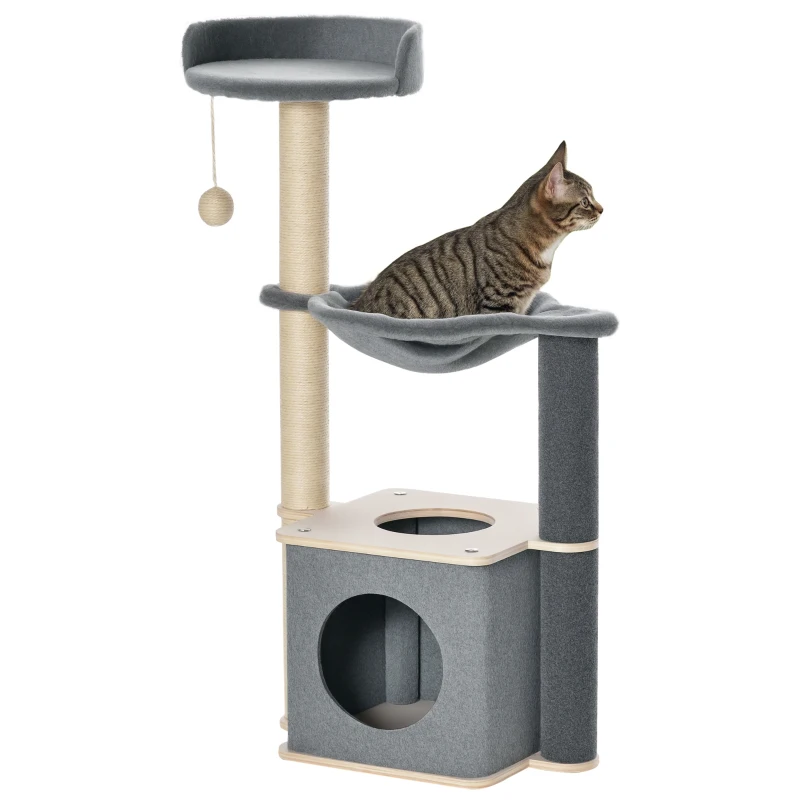 PawHut Albero Tiragraffi per Gatti Alto 95cm, Palestra per Gatti di Multilivelli con Casetta, Amaca, Pallina da Gioco, Cuccia e Corde in Sisal, 48x34x95cm, Grigio