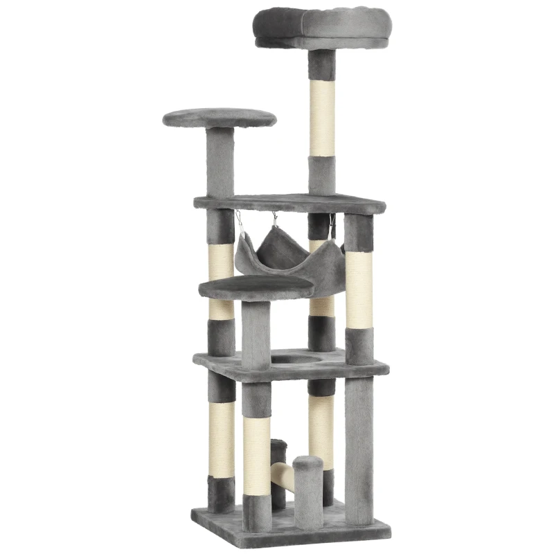 PawHut Albero Tiragraffi Giocattolo per Gatti a 4 Livelli con Amaca Cuccia Piattaforme in Peluche Sisal Naturale Altezza 132cm Grigio