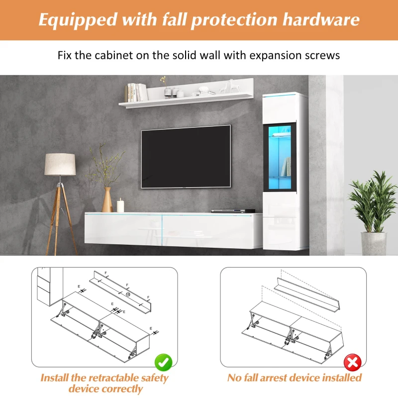 High Gloss TV Wall Unit Set with LED Lighting, Handleless Design, Includes TV Cabinet, Display Cabinet, Hanging Shelf, 457L x 84W x 76H cm, White
