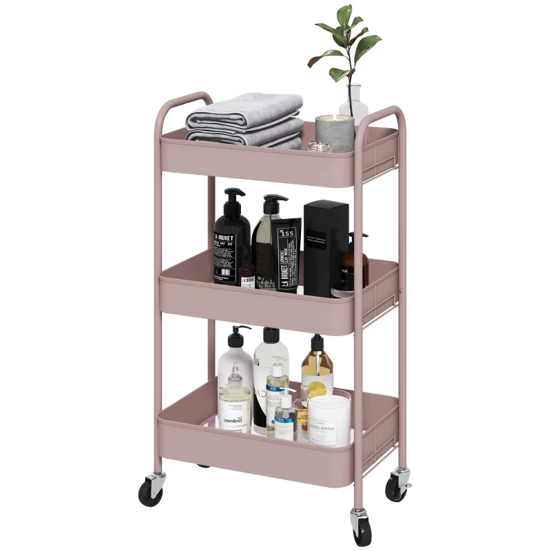 HOMCOM Desserte chariot de rangement en acier chariot de service à roulettes 3 plateaux ajourés 45 x 30,6 x 79 cm rose