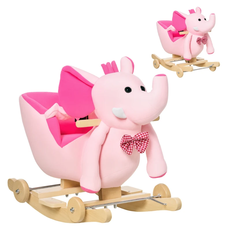 HOMCOM Cavalo Baloiço com Rodas e Forma de Elefante com Músicas Infantis e Cinto de Segurança 60x35x45 cm Rosa