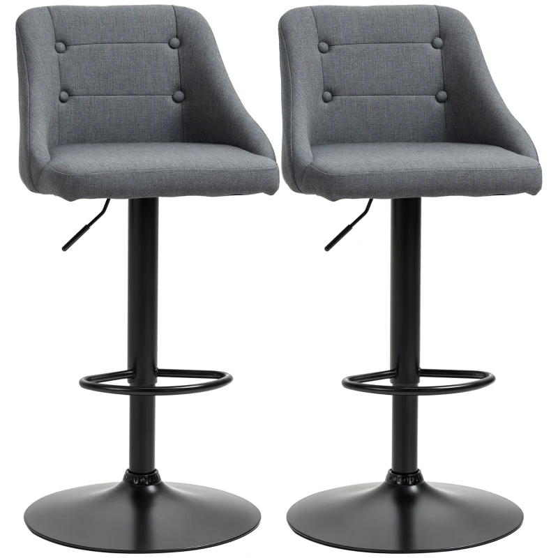 HOMCOM Modern Adjustable Bar Stools Set of 2, Swivel Fabric Barstools with Footrest, Armrests and Back, for Kitchen Counter and Dining Room, Dark Grey