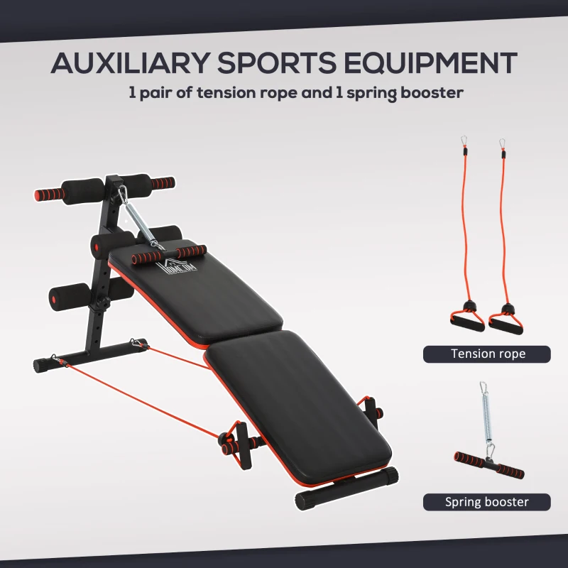 HOMCOM Foldable Sit Up Bench with Resistance Ropes, Core Workout Bench with Adjustable Thigh Support, for Home Gym, Black(m-6)