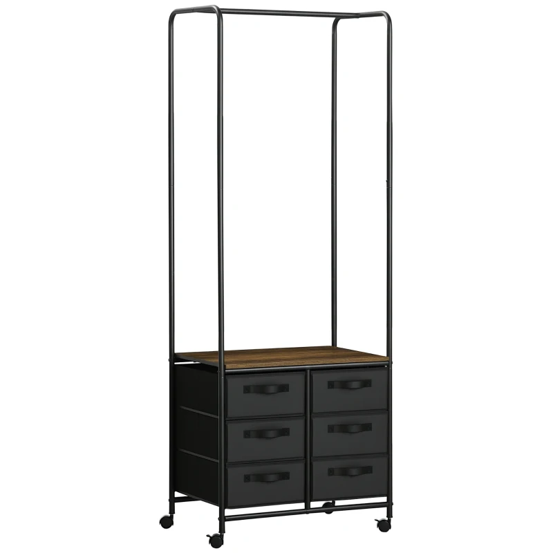 HOMCOM Perchero para Ropa con Ruedas 6 Cajones de Tela Barra para Colgar para Pasillo Dormitorio 63,5x40x172,5cm Marrón Rústico