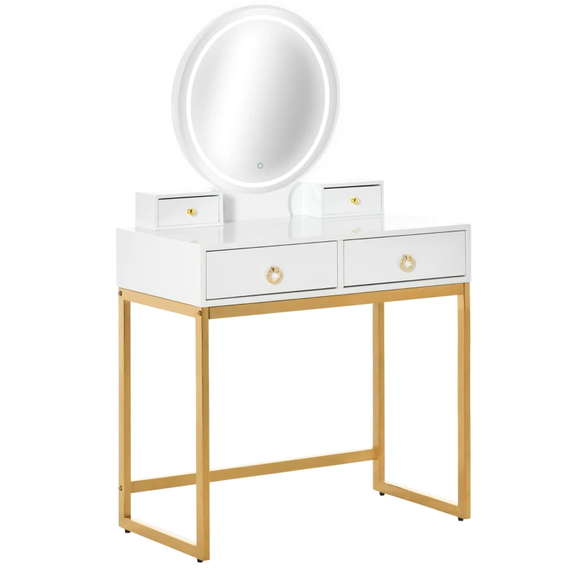 HOMCOM Dressing Table Set with 3-Color Touch Screen Dimmable Lighted Mirror, Vanity Makeup Table with 4 Drawers and Cushioned Stool for Bedroom, White