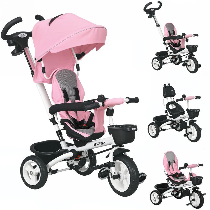 HOMCOM 6-in-1 Kinder Driewieler met Duwstang, Dak, Gordel, Opbergmand, 18+ Maanden, Roze
