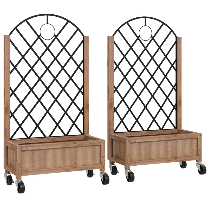 Outsunny Conjunto de 2 Jardineiras de Exterior Jardineiras com Treliça Metálica para Plantas Trepadeiras Vasos com Rodas para Jardim Pátio 52x25x97 cm Madeira