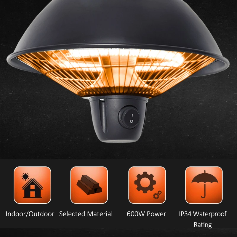 Outsunny Ceiling Mounted Electric Heater, 600W Hanging Halogen Light with Adjustable Hook Chain, Black Aluminium Frame