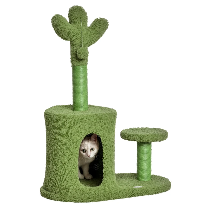 PawHut Albero Tiragraffi per Gatti Fino 4.5kg a Forma di Cactus con Palline e Cuccia, 60x35x78cm - Verde