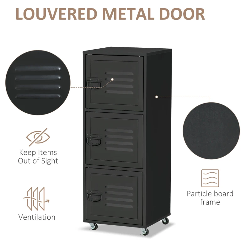 HOMCOM Vertical File Cabinet, Rolling Filing Cabinet with Wheels and Metal Doors for Home Office, Black