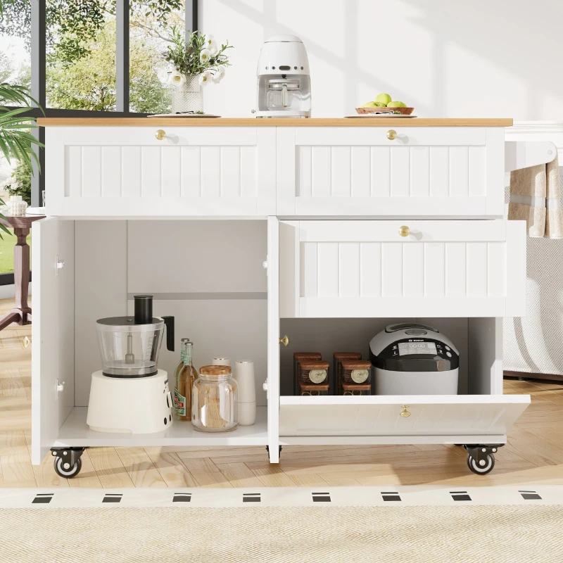 Rolling Mobile Kitchen Island Cart with Drawer and Storage Cabinet, Drop Leaf and Multi-Functional Design, 133L x 70W x 88H cm, White