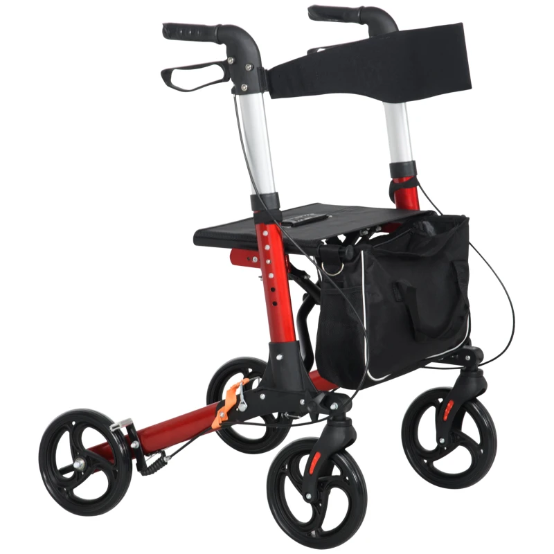 HOMCOM Folding Rollator Walker with Seat and Back, Lightweight Walking Frame with Removable Storage Bag, Dual Brakes, Adjustable Handle, 4 Wheeled Walker for Elderly, Handicapped, Red
