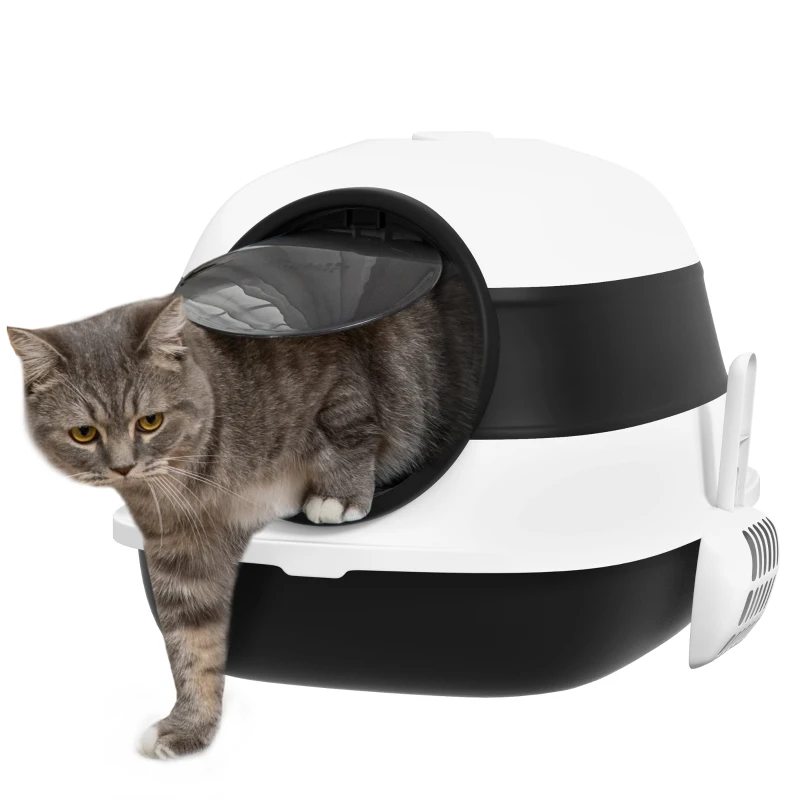 PawHut Katzentoilette, mit Deckel und Streuschaufel, für Katzen bis 5 kg, 52x41x38 cm, Weiß/Schwarz