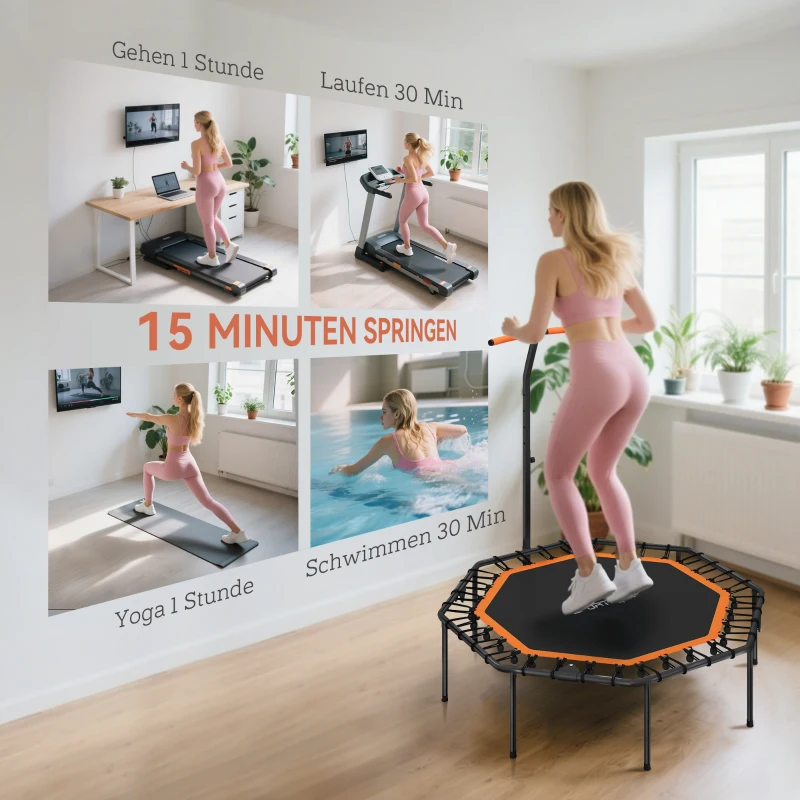 SPORTNOW Fitness-Trampolin, Trainingstrampolin mit verstellbarem Haltegriff, stabil und leise, für drinnen, Stahl, Orange(m-7)