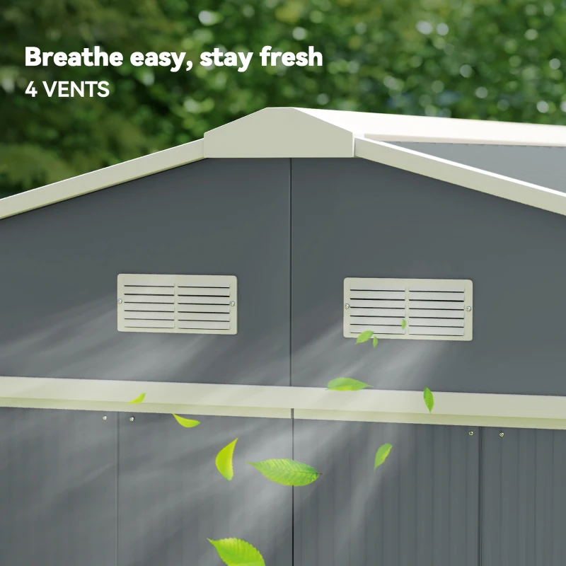 Outsunny 13 x 11ft Metal Garden Shed, Outdoor Storage Tool House with Ventilation Slots, Foundation Kit and Lockable Double Doors, Grey