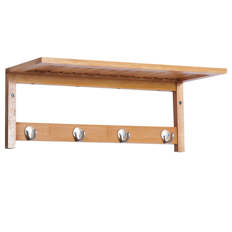 HOMCOM Perchero de Pared de Bambú Estante Toallero de pared 4 Ganchos para Entrada Salón Baño Pasillo Dormitorio 50x16x17,5 cm Carga 5kg
