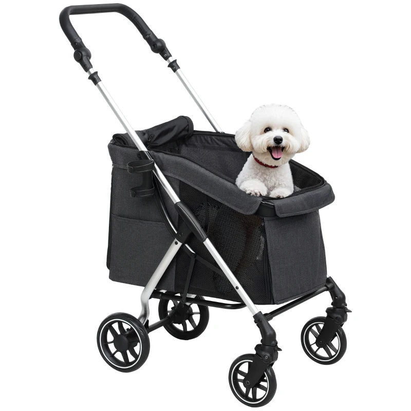 PawHut Lichtgewicht en Opvouwbare Hondenwagen voor Kleine Honden, Wasbaar Kussen, Netvensters, Grijs