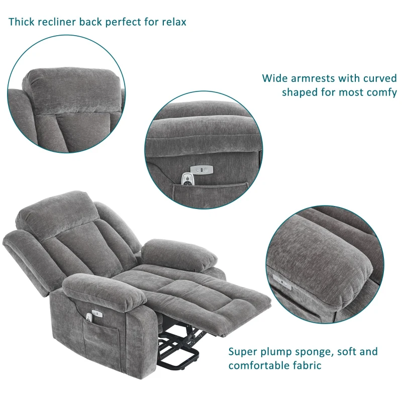 Electric Power Lift Recliner Chair with Massage and Heat, USB Ports and Storage Pocket, Easy Assembly and Support, 95L x 94W x 107H cm, Grey