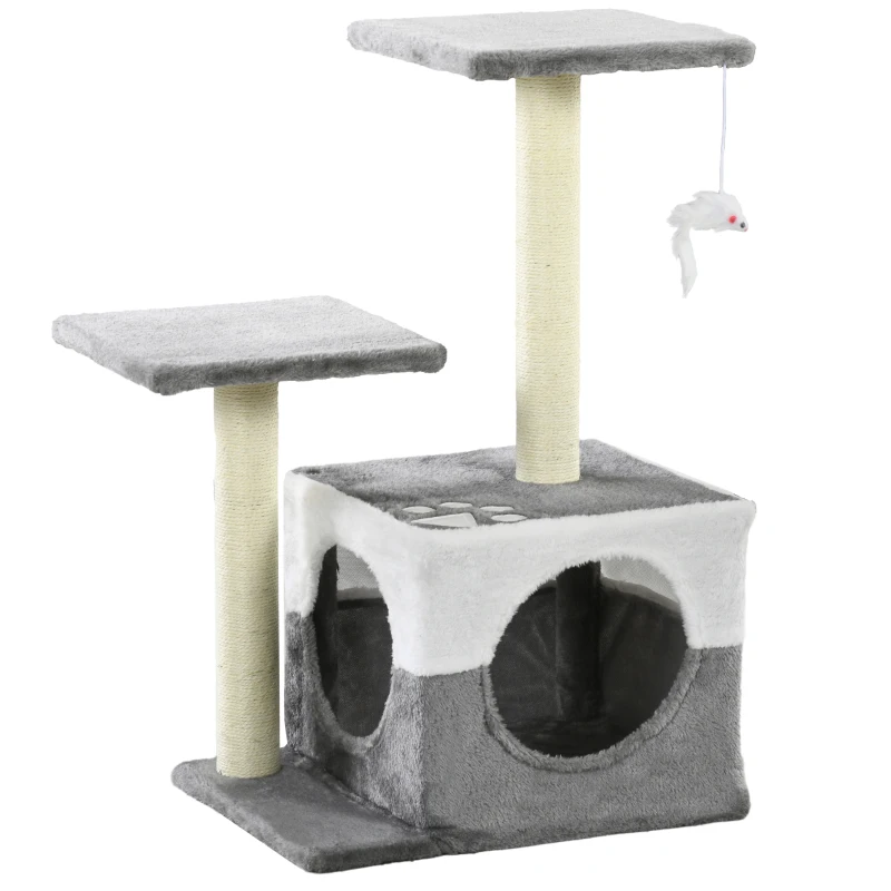 PawHut Cat Tree w/ Sisal Scratching Posts, House, Perches, Toy Mouse, Grey