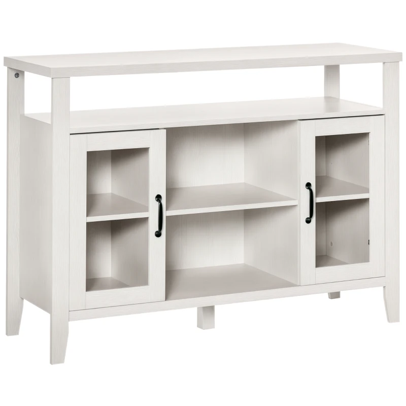 HOMCOM Aparador de Cocina Mueble Auxiliar de Comedor con 2 Armarios con Puerta de Vidrio Estante Ajustable Compartimentos Abiertos 116x39,5x86,5 cm Blanco