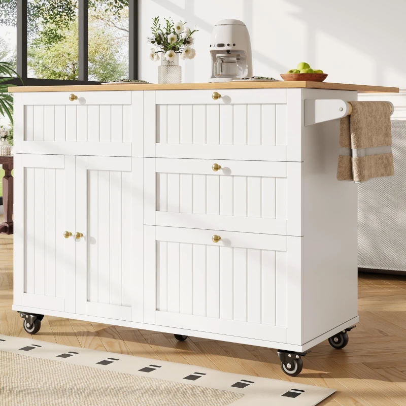 Rolling Mobile Kitchen Island Cart with Drawer and Storage Cabinet, Drop Leaf and Multi-Functional Design, 133L x 70W x 88H cm, White