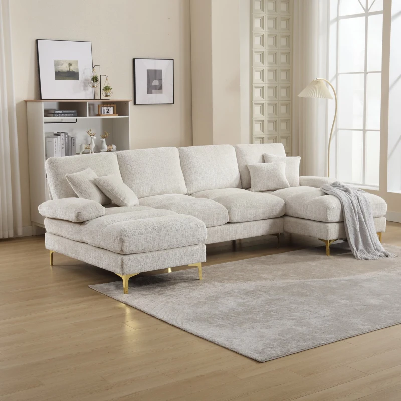 U-Shaped Modular Sofa with Pillows, Rubber Pads, Double Chaise, Chenille Fabric Sectional Couch for Living Room, 272L x 136W x 88H cm, Beige