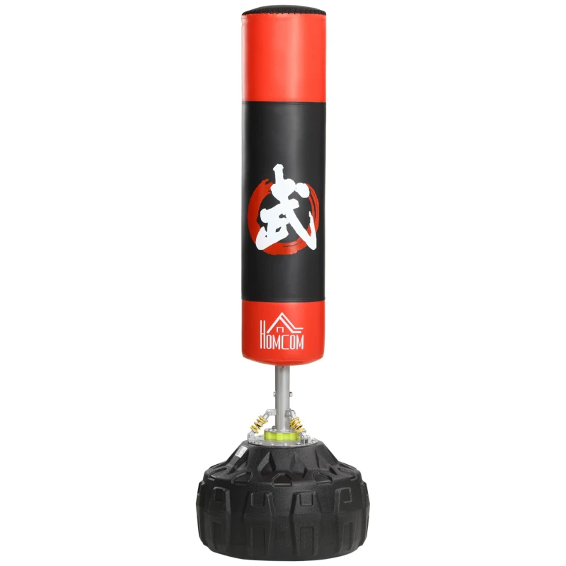 HOMCOM Saco de Boxeo de Pie Soporte de Boxeo para Adultos Base Grande Rellenable de Arena 60 kg / Agua 50 kg Resortes Amortiguador Φ60x180 cm Negro y Rojo