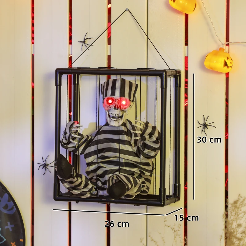 Outsunny Halloween Animated Hinging Skeleton Prisoner in Cage with Glowing LED Eyes, Spooky Skeleton Scary Halloween Decorations, Battery Operated, Indoor Party Props