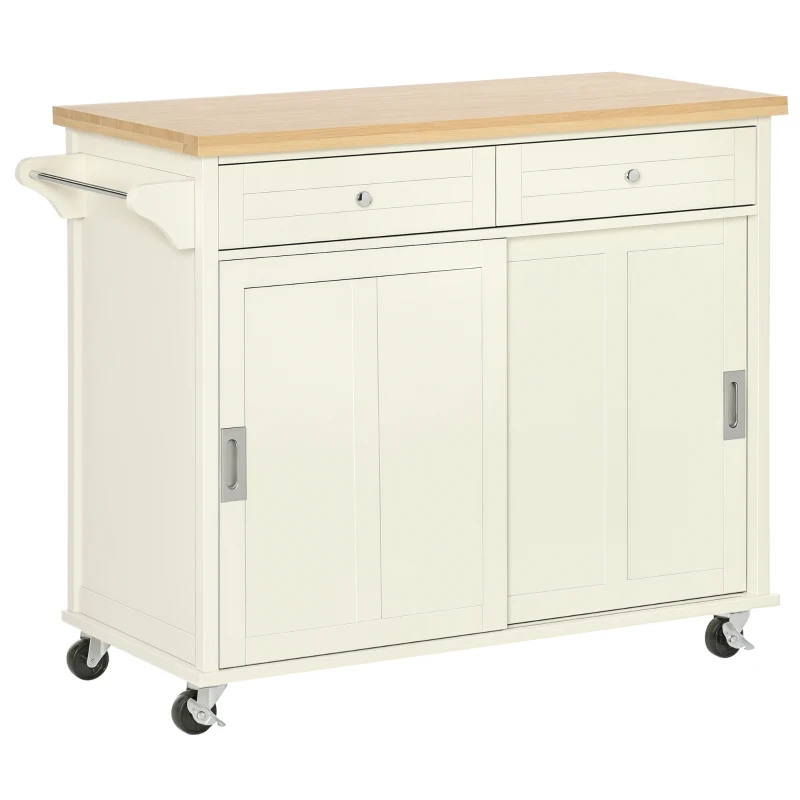 HOMCOM Desserte îlot de cuisine - 2 tiroirs, 2 placards portes coulissantes avec étagères - dim. 110L x 49l x 89H cm - MDF écru plateau bois caoutchouc