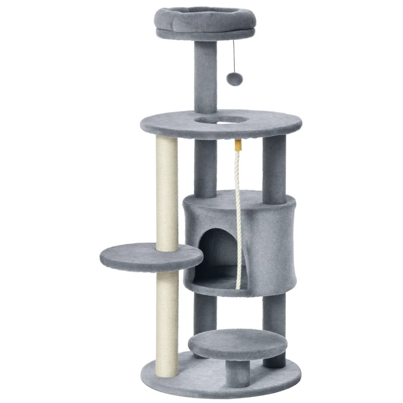 PawHut Cat Tree Tower for Indoor Cats 112cm Climbing Kitten Activity Center with Jute Scratching Post Perch Hanging Ball Toy Teasing Rope Dark grey